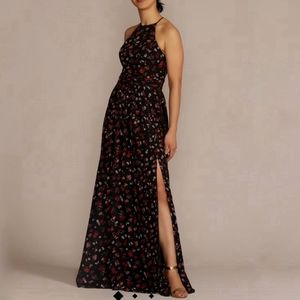 NWT David's Bridal DB STUDIO Navy Floral Print Halter A-Line Maxi Dress, Size 6